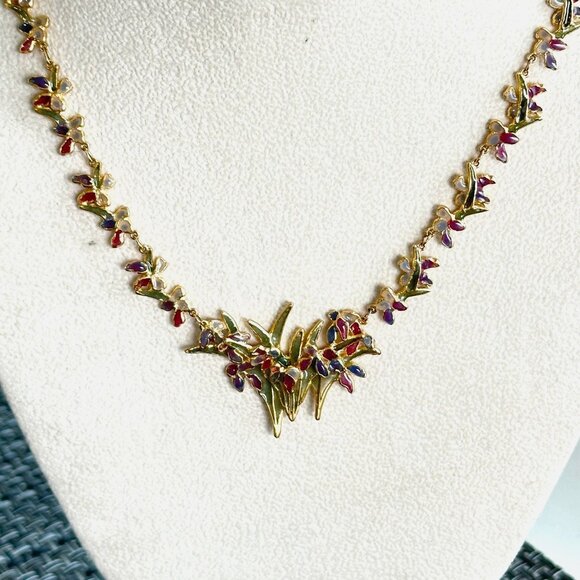 Rare Vintage 14K Yellow Gold Plique a  Jour Necklace Flower Design 22 Grams - Picture 7 of 11